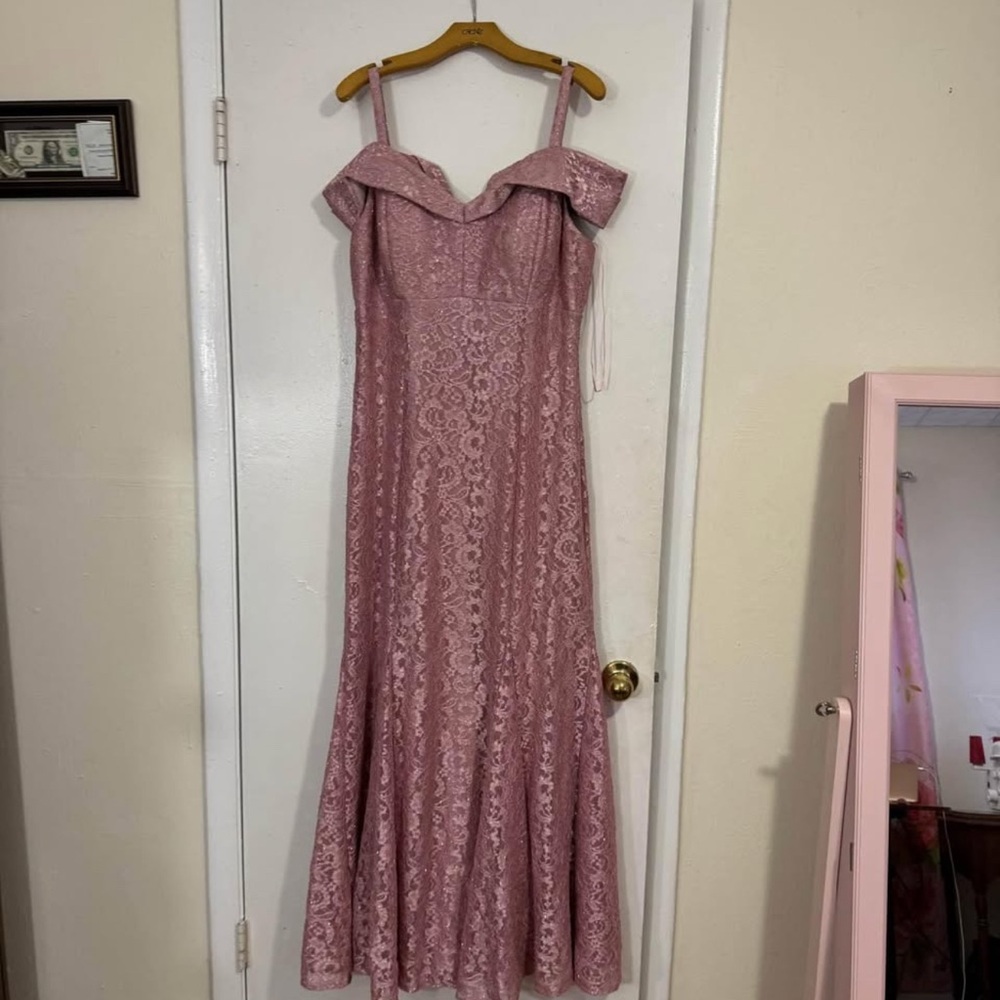 Rosy Pink glitter Spaghetti Strap off the shoulder gown